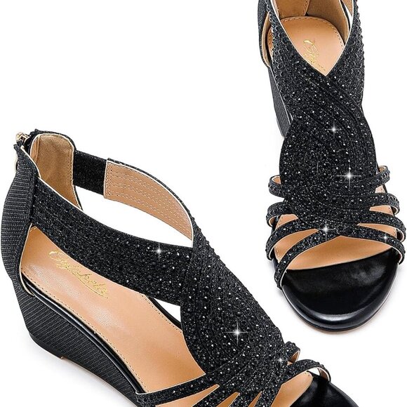 Women Wedge Sandals Sparkly Rhinestone Open Toe Dressy Evening Shoes - Picture 6 of 7